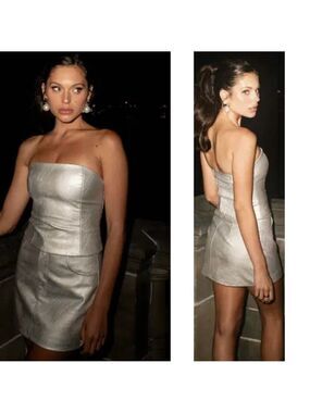 WAYF X Jourdan Sloane Rosie Strapless Metallic Silver Faux Leather Corset Top